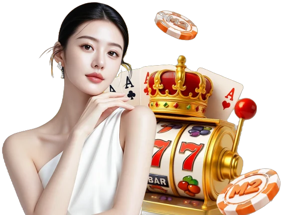 M2 welcome artwork with a host, golden slot machine and casino chips